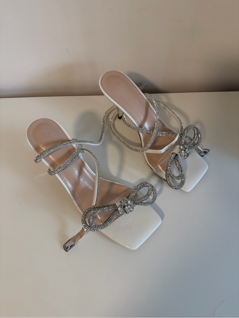 White Rhinestone Bow Heels Sandals Strappy Lace Up Pumps Wedding Shoes, Size 7 - Picture 5 of 6